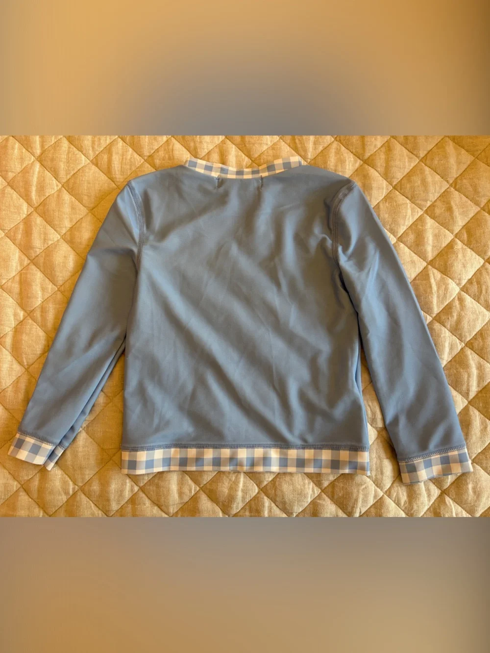 Girls' Light Blue Long-Sleeve Top with Gingham Trim